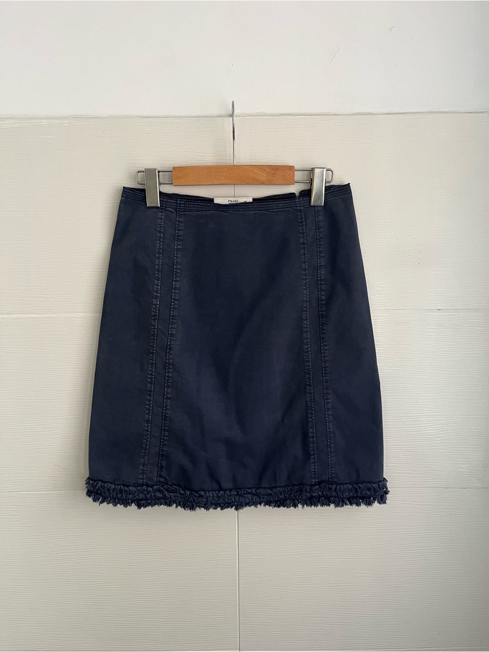 Prada Navy A-Line Skirt with Frayed Hem